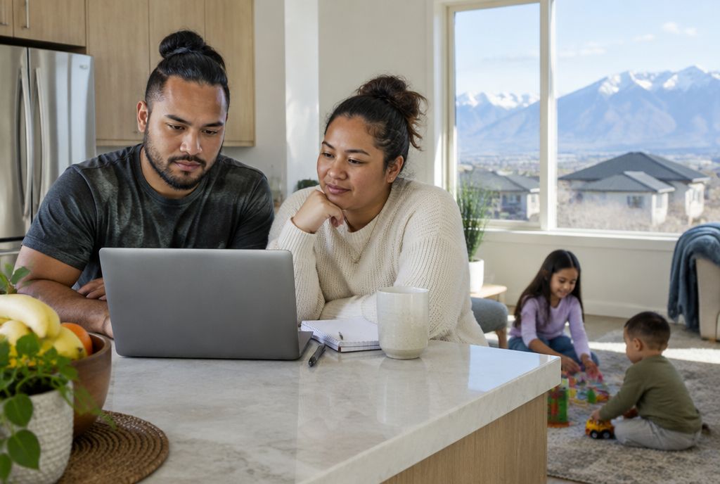 Pacific Islander parents at a kitchen island reviewing a school budget, with a toddler and a first-grader nearby