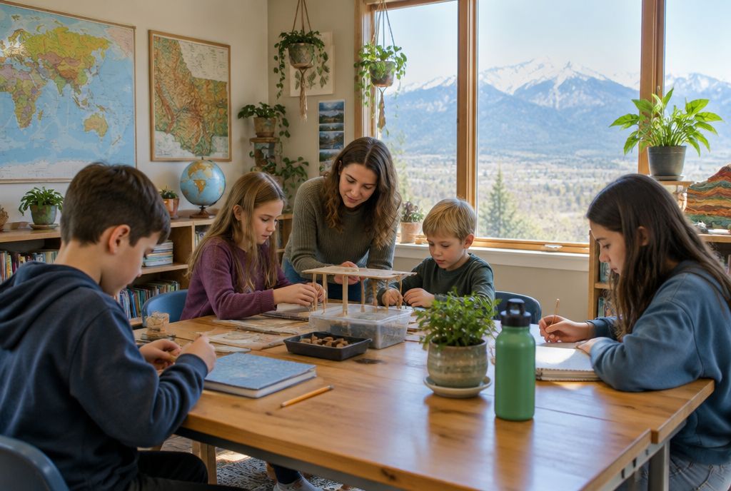 Microschool room where mixed-age children work on a hands-on math project with a guide, mountains visible through the window