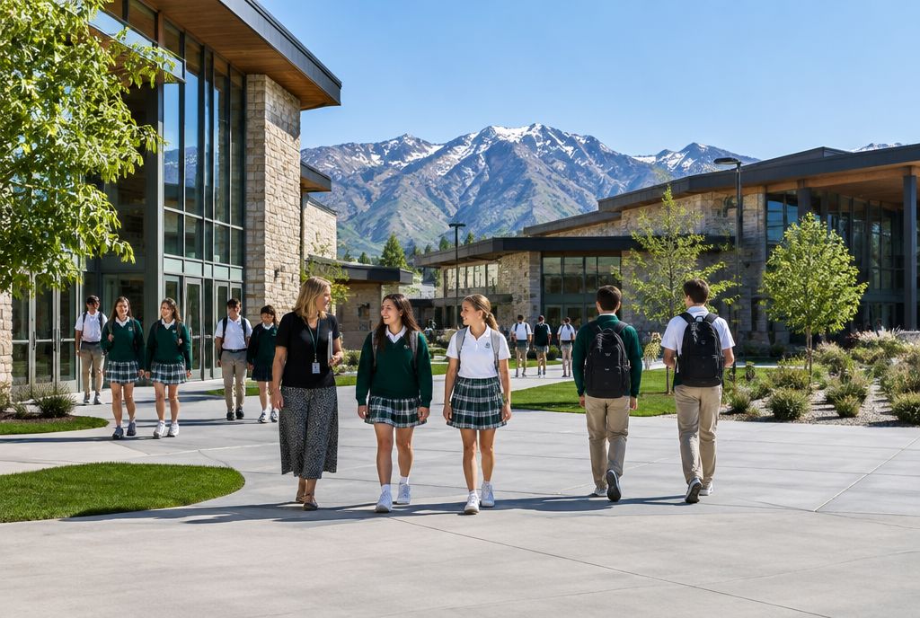 Modern rock-and-glass private school campus in Utah with students in green and white uniforms